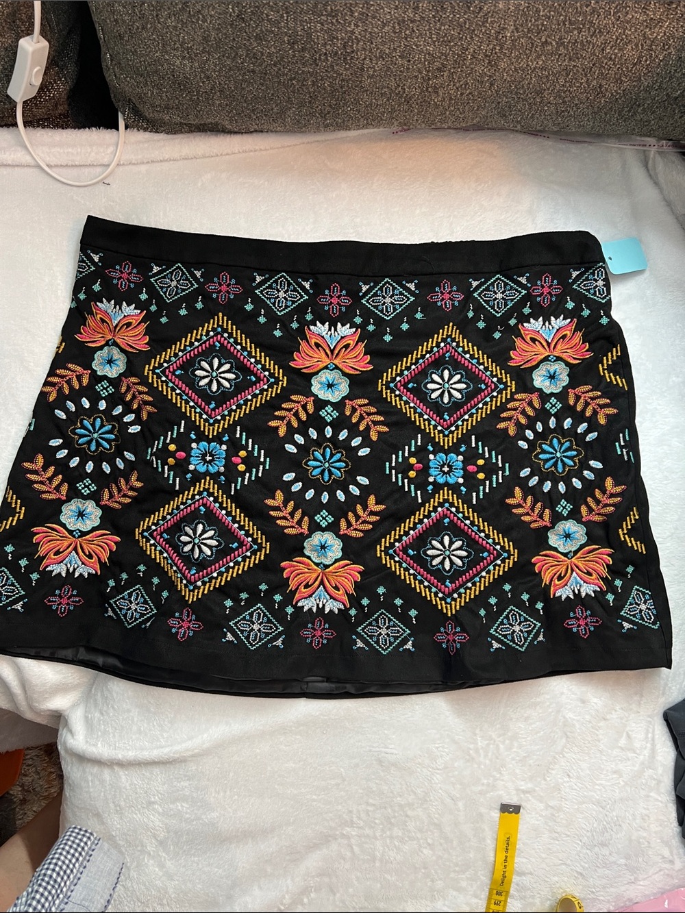 Embroidered Black Mini Skirt with Multicolor Floral Pattern 2114